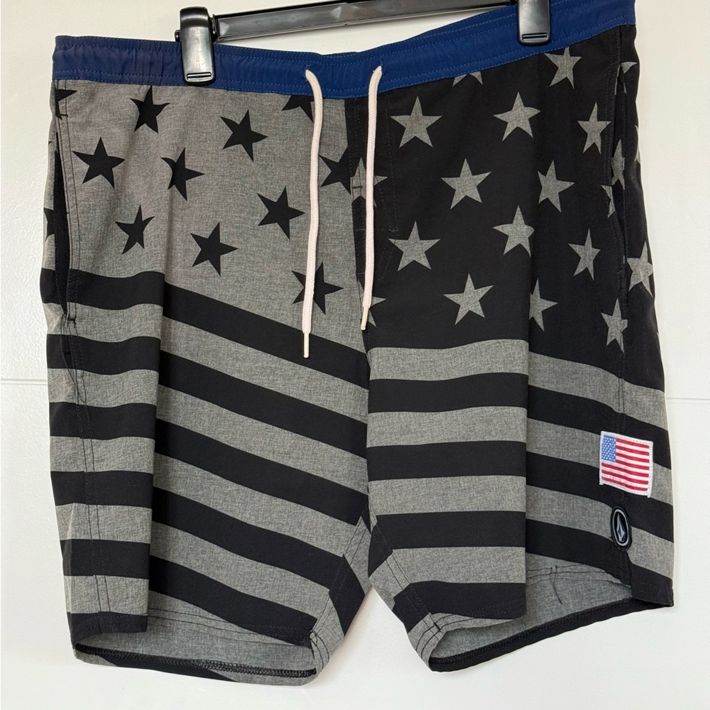 Volcom Black and Gray Star-Striped Swim Trunks